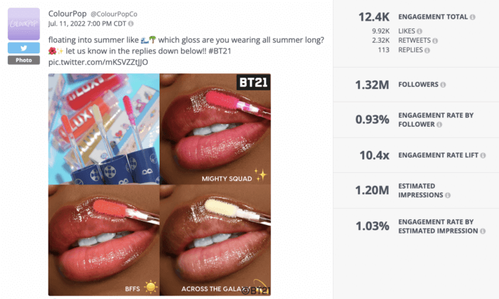 Colourpop demonstrates a twitter best practice with this tweet that features four images of lip glosses and asks followers to reply with their favorite one.