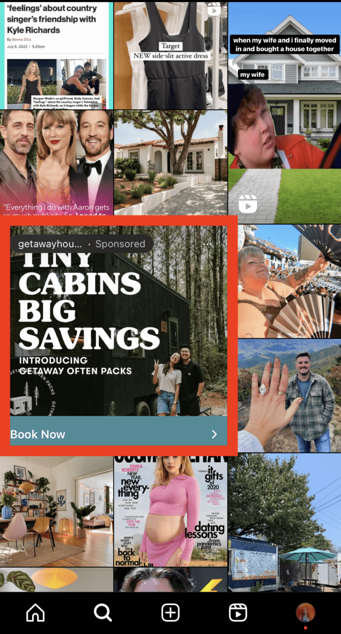 An Instagram ad to book your stay at Getaway House that's displayed in the center of the Explore page.