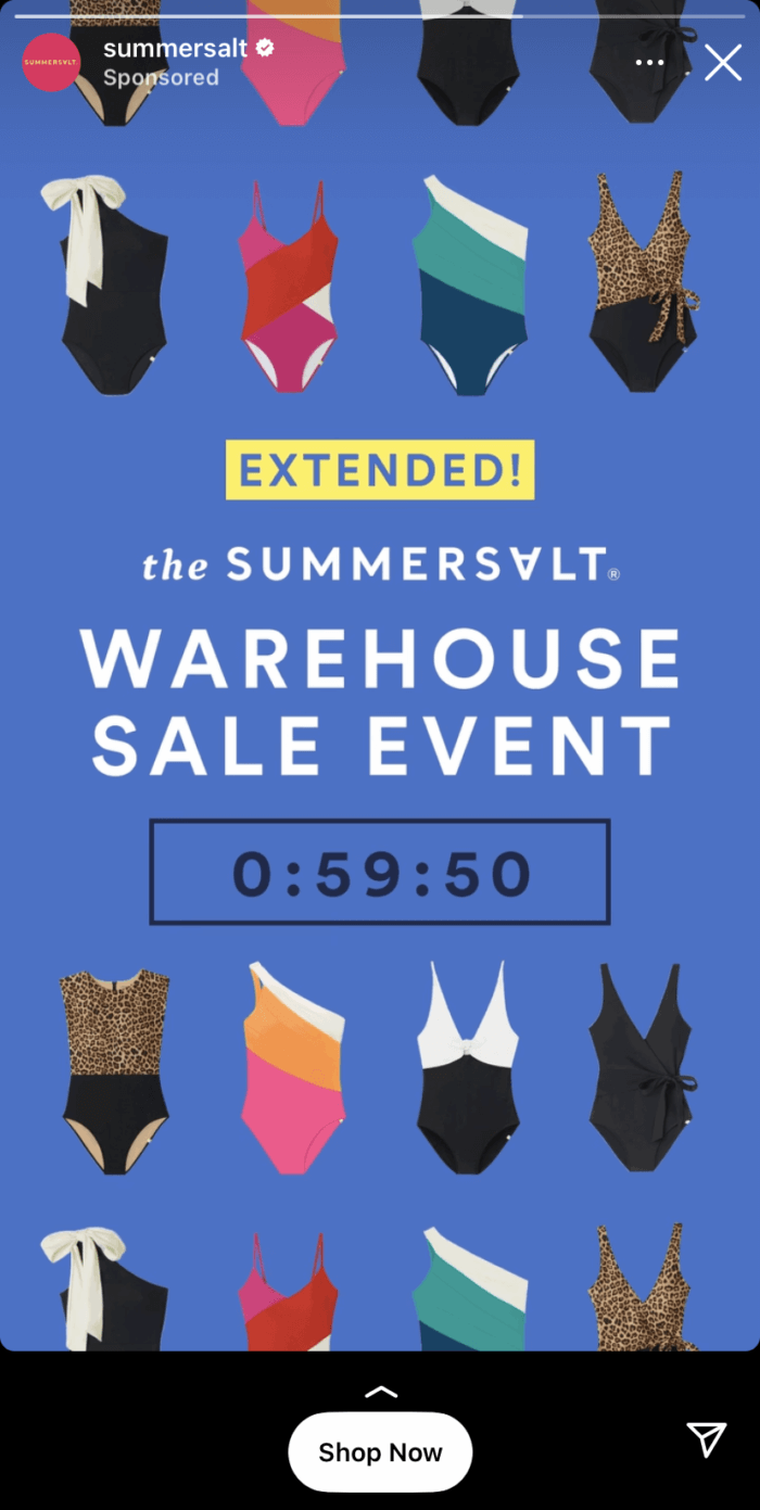 An interactive Instagram Stories ad from swimwear brand Summersalt that displays a countdown timer which is counting down how much time is left for their warehouse sale event.