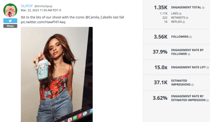 Photo tweet from OLIPOP featuring a throwback to this behind the scenes shot of influencer Camila Cabello