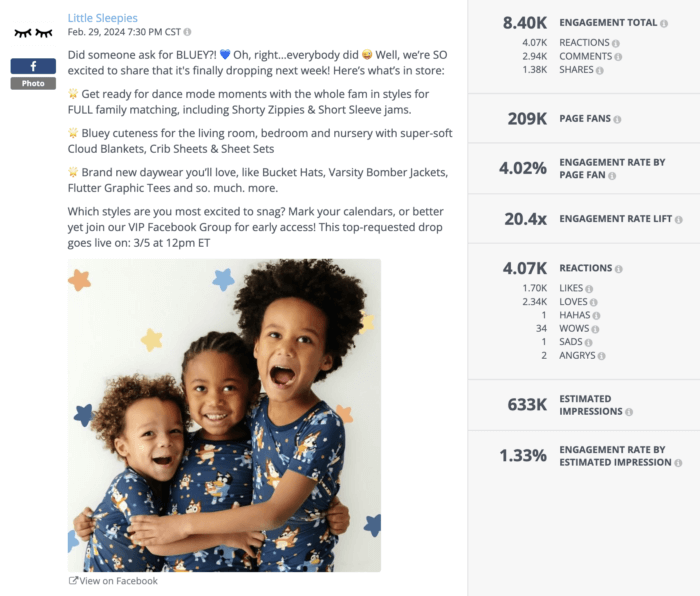 Image of three children wearing Bluey-themed pajamas from Little Sleepies. Post highlights product drop details