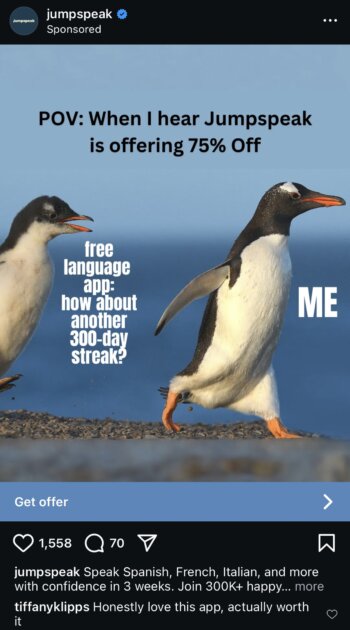 Paid Instagram post from Jumpspeak featuring two penguins with text about a 75% discount, showing 1,558 likes and 70 comments.